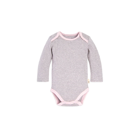 organic long-sleeve bodysuit - pink + grey pinstripe